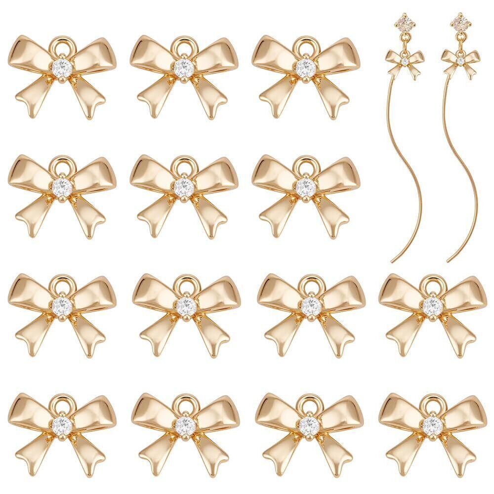 6937 16Pcs 18K Gold Plated Brass Bowknot Charms, Micro Pave Clear Cubic